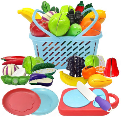 Kingwell 18 Pcs Realistic Sliceable Cutting Fruits and Vegetables Play Toy Set