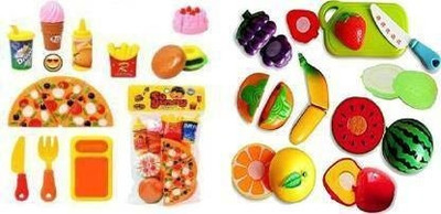 3 Jokers Realistic sliceable fruits and fast food pizza cutting play toy set for kids