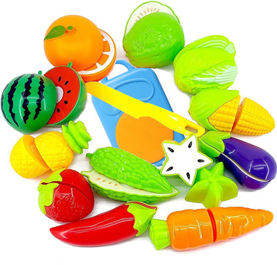 SVE Realistic Sliceable 8 Pcs Fruits and Vegetables Cutting Play Toy Set, Can Be Cut in 2 Parts