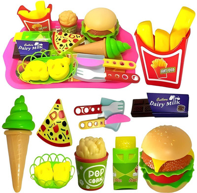 Flywind 18 pcs Play Fast Food Set Pretend Play Barger Fries with Trey Food Toy