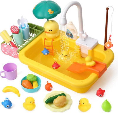 VikriDa Kids Play Sink Toy with Water Cycle, Fishing Game, Food & Dish Rack – Duck