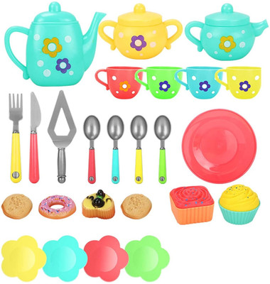Tushiv Plastic Tea Party Pretend Play Kitchen Utensils Toy Set with Cake for Kids