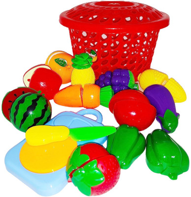 Shining Edge Plastic 15 Pcs Realistic Slice Able Fruits, Vegetable Cutting With Basket