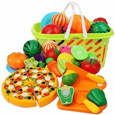 Pluspoint Realistic Sliceable Cut Fruits & Vegetable with Basket Pizza with Fruits Basket