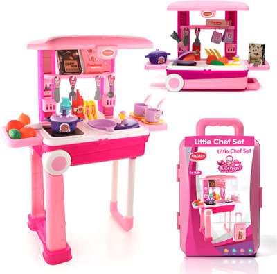 Toys R Us Just Like Home Trolley Suitcase Kitchen Set For Baby Girls On Wheels with 23 Pcs Portable