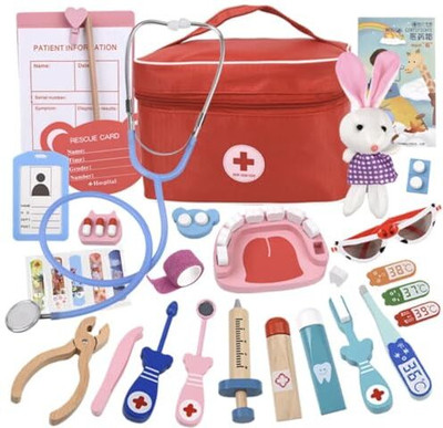 Ji And Ja Kids Wooden Dentist Set with Working Stethoscope Doctor Pretend Play Toy