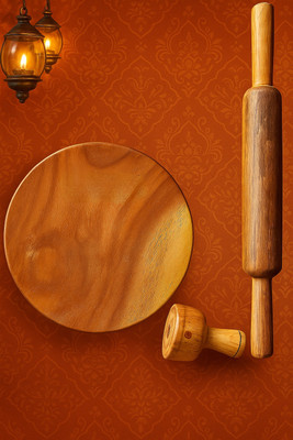 khatun's 3 in 1 Sheesham Wood Chakla Belan Set with Paratha Masher | 3 Pc, Handmade Rolling Pin & Board(Brown, Pack of 3)