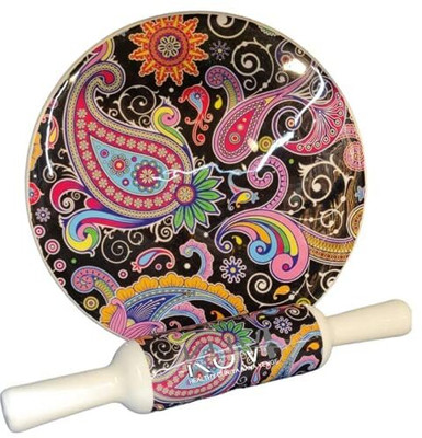 Art n craft exports Marble Roti Maker with Wooden Belan Enamel Print/White Marble Rolling Pin & Board(Multicolor, Pack of 1)