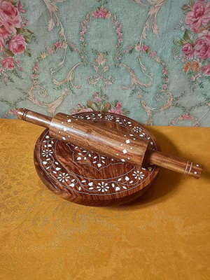 All About Wood White Floral-Design Rolling Pin & Board Set- Kitchen & Home -Also Gift Purpose Rolling Pin & Board(Brown, White, Pack of 1)