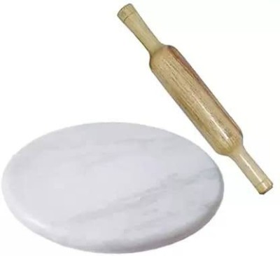 AuraZen White Marble Roti Maker with Wooden Belan/White Marble Chakla 10 Inch with Belan Rolling Pin & Board(White, Pack of 2)