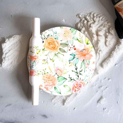 Art n craft exports Marble Roti Maker with Wooden Belan Enamel Print/White Marble Rolling Pin & Board(Multicolor, Pack of 1)