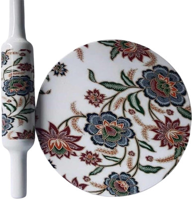 ART N CRAFTS EXPORTS Marble Roti Maker with Wooden Belan Enamel Print/White Marble Rolling Pin & Board(Multicolor, Pack of 2)