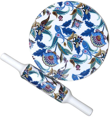 ART N CRAFTS EXPORTS Marble Roti Maker with Wooden Belan Enamel Print/White Marble Rolling Pin & Board(Multicolor, Pack of 2)
