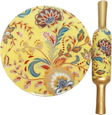 Art n craft exports Marble Roti Maker with Wooden Belan Enamel Print/White Marble Rolling Pin & Board(Multicolor, Pack of 1)