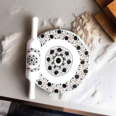Art n craft exports Marble Roti Maker with Wooden Belan Enamel Print/White Marble Rolling Pin & Board(Multicolor, Pack of 1)