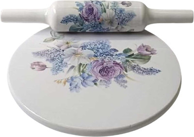 ART N CRAFTS EXPORTS Marble Roti Maker with Wooden Belan Enamel Print/White Marble Rolling Pin & Board(Multicolor, Pack of 2)