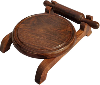 Pure Source India Wooden Roti Chapati Maker Rolling Board 10 Inch Chakla with Fixed Belan Stand Rolling Pin & Board(Brown, Pack of 1)