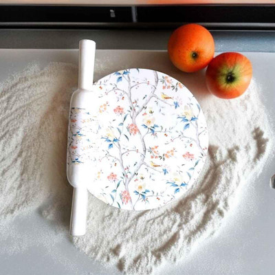 Art n craft exports Marble Roti Maker with Wooden Belan Enamel Print/White Marble Rolling Pin & Board(Multicolor, Pack of 1)