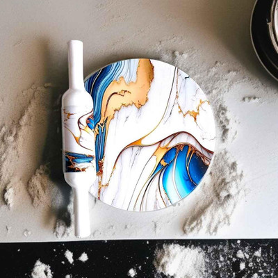 Art n craft exports Marble Roti Maker with Wooden Belan Enamel Print/White Marble Rolling Pin & Board(Multicolor, Pack of 1)