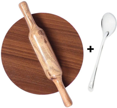 TwoBrothers Wooden Rolling Pin Chakla Belan with Stainless Steel Chamcha Set Rolling Pin & Board(Brown, Pack of 3)