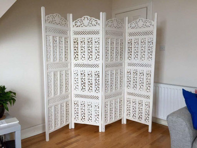 Artesia Handcrafted 4 Panel Wooden MDF Room Partition & Room Divider (White) Solid Wood Decorative Screen Partition(Floor Standing, Finish Color - White, 4, Pre-assembled)