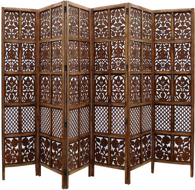 Decorhand Handcrafted 6 Panel Wooden Room Partition & Room Divider (Brown) Solid Wood Decorative Screen Partition(Floor Standing, Finish Color - Brown, 6, Pre-assembled)