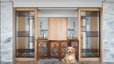 Artistic Interior Crafts Wooden Portable Wooden Safety Gate | Safety Fence | Pet Gate | Safety Door Solid Wood Decorative Screen Partition(Floor Standing, Finish Color - Brown, 4, Pre-assembled)