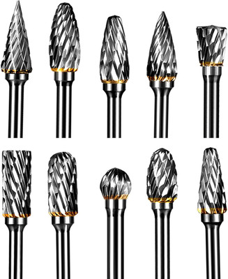uptodateprouducts 10Pcs 3*6mm Metal Drawing Tungsten Carbide Milling Cutter Rotary Tool Burr Rotary Burr Set with 3 mm (1/8 Inch) Shank and 6 mm (1/4 Inch) Head Size Rotary Bit Set(10 Bits)