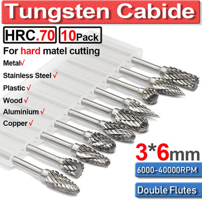Mass Pro High Quality 10Pcs Tungsten Carbide Rotary Burrs Set Double Cut Points Files Rotary Bit Set(10 Bits)