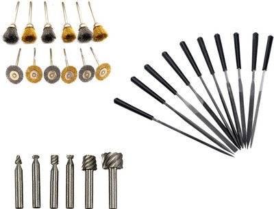 Digital Craft 12Pc Wire Brush Set,6Pc HSS Rotary Burs Set,10Pc 4x160 Needle File Set, Rotary Tool(3 mm)