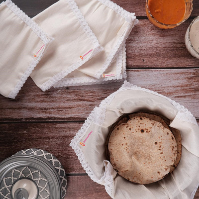 DARSHANAM WORLD Cotton Roti Cover Cloth, Double Layer Roti Wrap, Chapati Cover Self Design Roti Square Flap Cover(cream, 5)