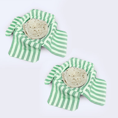 OPTICA WEAVES Cotton Double Layer Roti Clothes Wrap with Flaps Muslin Cloth for Chapati Striped Roti Square Flap Cover(Green, 2)
