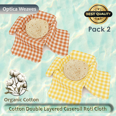 OPTICA WEAVES Cotton Double Layer Roti Clothes Wrap with Flaps, Cotton Cloth for Chapati Checkered Roti Round Flap Cover(Orange, Yellow, 2)