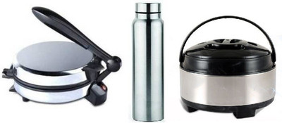 Gi-Shop Combo Of Steel Water Bottle & Steel Casserole & Roti and Khakra Maker