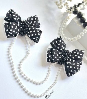 SHINE SCRUNCHIES Black Polka Dot Pearl Bow Clip Hair Clip / Bow Hair Accessory with Pearl Chain Rubber Band(Pack of 1)