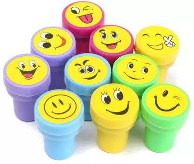 Sannu Smile Emoji Cartoon Self Inking Stamp/Cute Red Ink Stamp for Kids (10 pcs) Smile Stamp(Normal, Red)