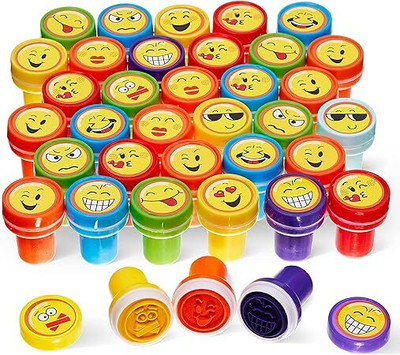 PriWa 40Pcs Emoji/Smiley Self Inking Stamps for kids Arts and Crafts School Craft for Teacher & Students, Birthday Return Gift(set of 4= 40 stamps)(medium, red)