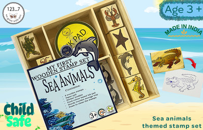 MASA My First Wooden Stamp Set - Sea Animals Handle Rubber Stamp(Small, Blue)