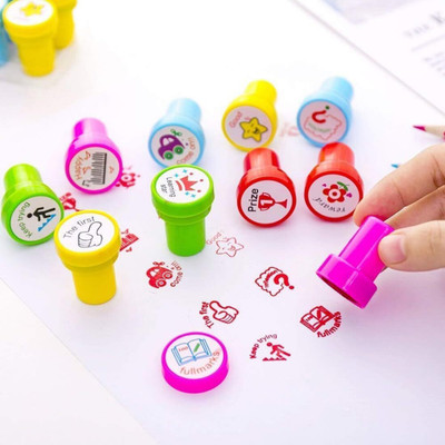 BGT Kids Stamp Set, 10 Pieces, Stationery for Boys and Girls, Random Design Round Stamp(2.5cm, Red)