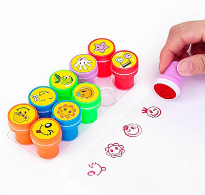 Ink spot Smile Emoji Cartoon Self Inking Stamp/Cute Red Ink Stamp for Kids (10 pcs) Rubber stamp(Small, red)