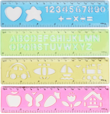 Hitech Sales Children's Stencil Ruler | Multifunctional Plastic Geometric Ruler for Drawing Ruler(Set of 4, Multicolor)