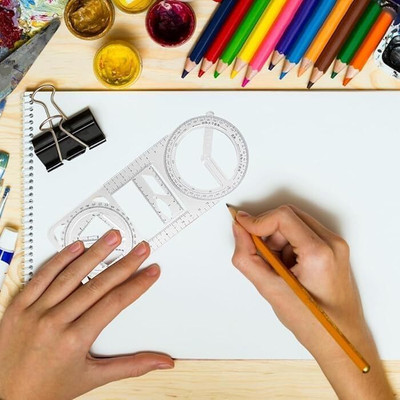 Roscoe 4 in 1 Multifunctional Geometric Ruler With Pencil & Eraser & Sharpener Ruler(Set of 1, clear)