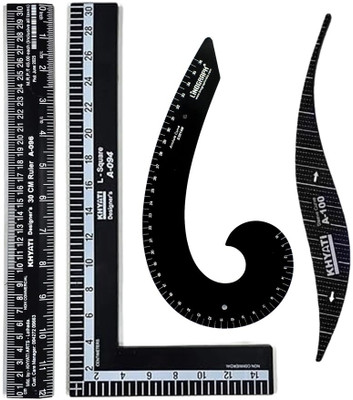 Saravana Super Mart Black Arm hole scale, 30cm L, Straight Scale and Black French curve (4 pcs) Ruler(Set of 4, Black)