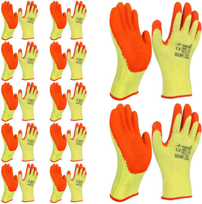 Wishpool 12 Pair Yellow Orange Knitted Palm Coated Hand Gloves Synthetic  Safety Gloves(Pack of 24)