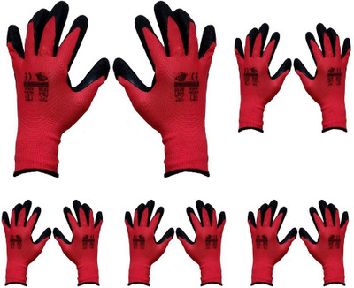 Auto E-Shopping Safety Hand Gloves Industrial Non Slip Gloves Free Size Red Black Set of 5 Pairs Synthetic  Safety Gloves(Pack of 10)