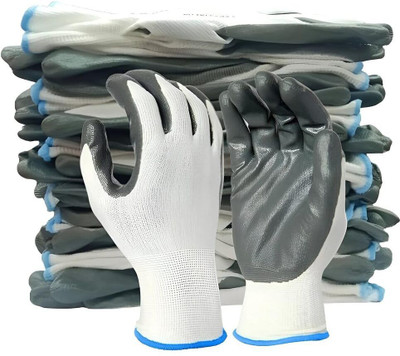 RENOCO White Grey Work Gloves Pack Of 3 Pairs Nitrile  Safety Gloves(Pack of 6)