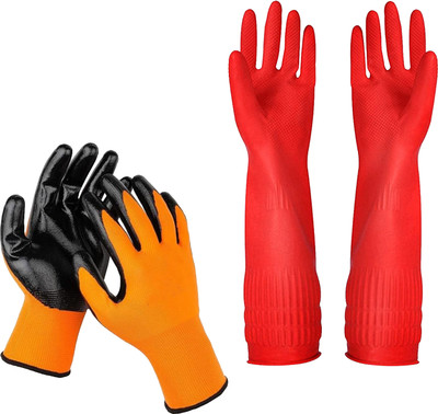 RBGIIT 1 Pair Orange Black Heavy Nylon & Red Koren Nylon, Rubber  Safety Gloves(Pack of 2)