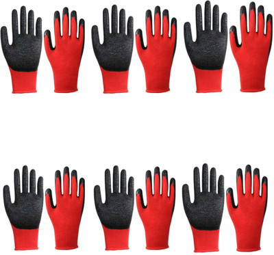 Donizard Red Black Nylon Shell With Black Crinkle Latex Palm Coated (Pack of 6 Pair) Synthetic, Nylon  Safety Gloves(Pack of 12)
