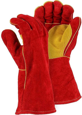 Hand safety Leather Welders Glove With Reinforced Thumb Strap Heat/Fire Resistant Gloves Leather With Kevlar Stitching Red - (Pack of 1) Leather  Safety Gloves(Pack of 2)