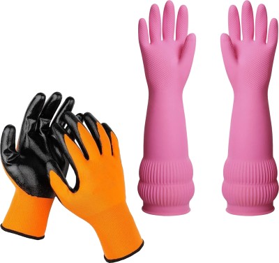 RBGIIT 1 Pair Orange Black Heavy Nylon & Pink Koren Nylon, Rubber  Safety Gloves(Pack of 2)